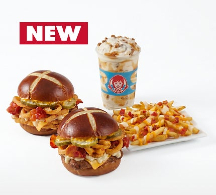New Pretzel Bacon Pub Chicken Sandwich, Pretzel Bacon Pub Cheeseburger, Bacon Pub Fries, and Apple Crumble Frosty Fusion
