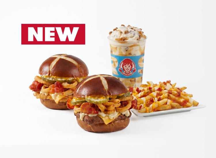 New Pretzel Bacon Pub Chicken Sandwich, Pretzel Bacon Pub Cheeseburger, Bacon Pub Fries, and Apple Crumble Frosty Fusion