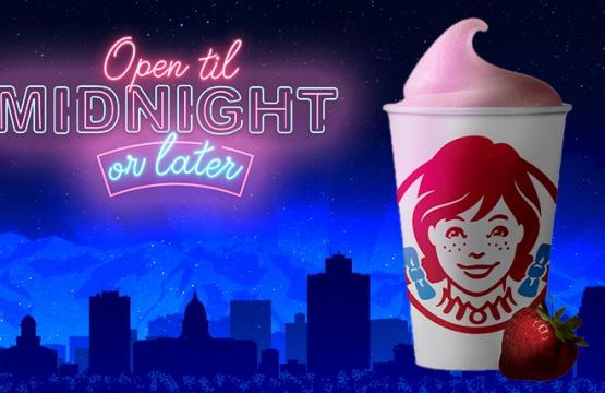 Wendy's Strawberry Frosty with &quot;Open 'til Midnight or Later&quot; text